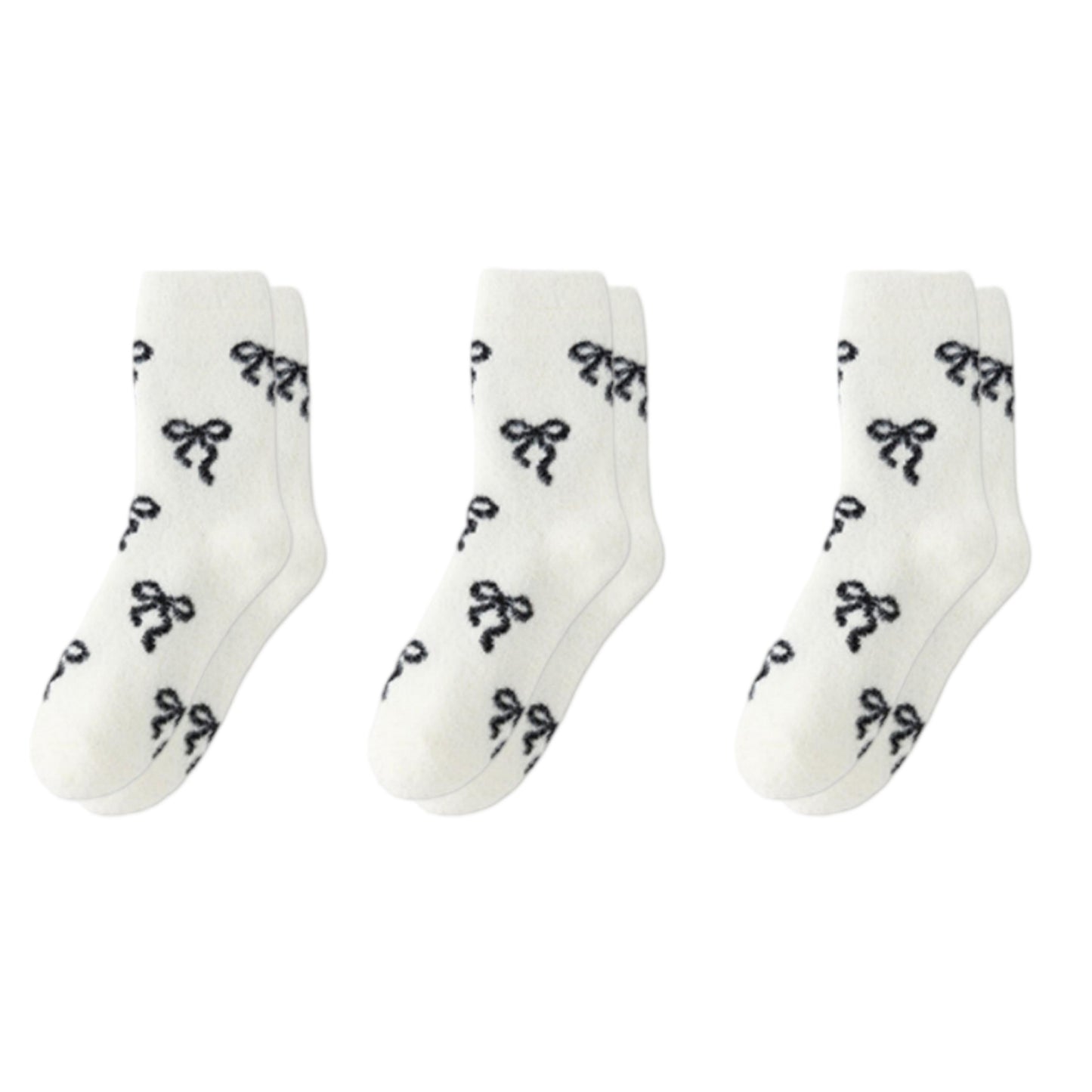 3-Pair Women's Soft Knit Crew Socks with Allover Bow Pattern Stretch Fabric Cozy Comfort Set