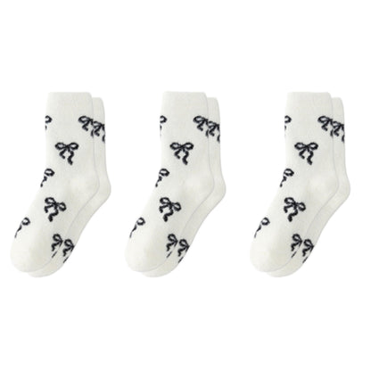 3-Pair Women's Soft Knit Crew Socks with Allover Bow Pattern Stretch Fabric Cozy Comfort Set