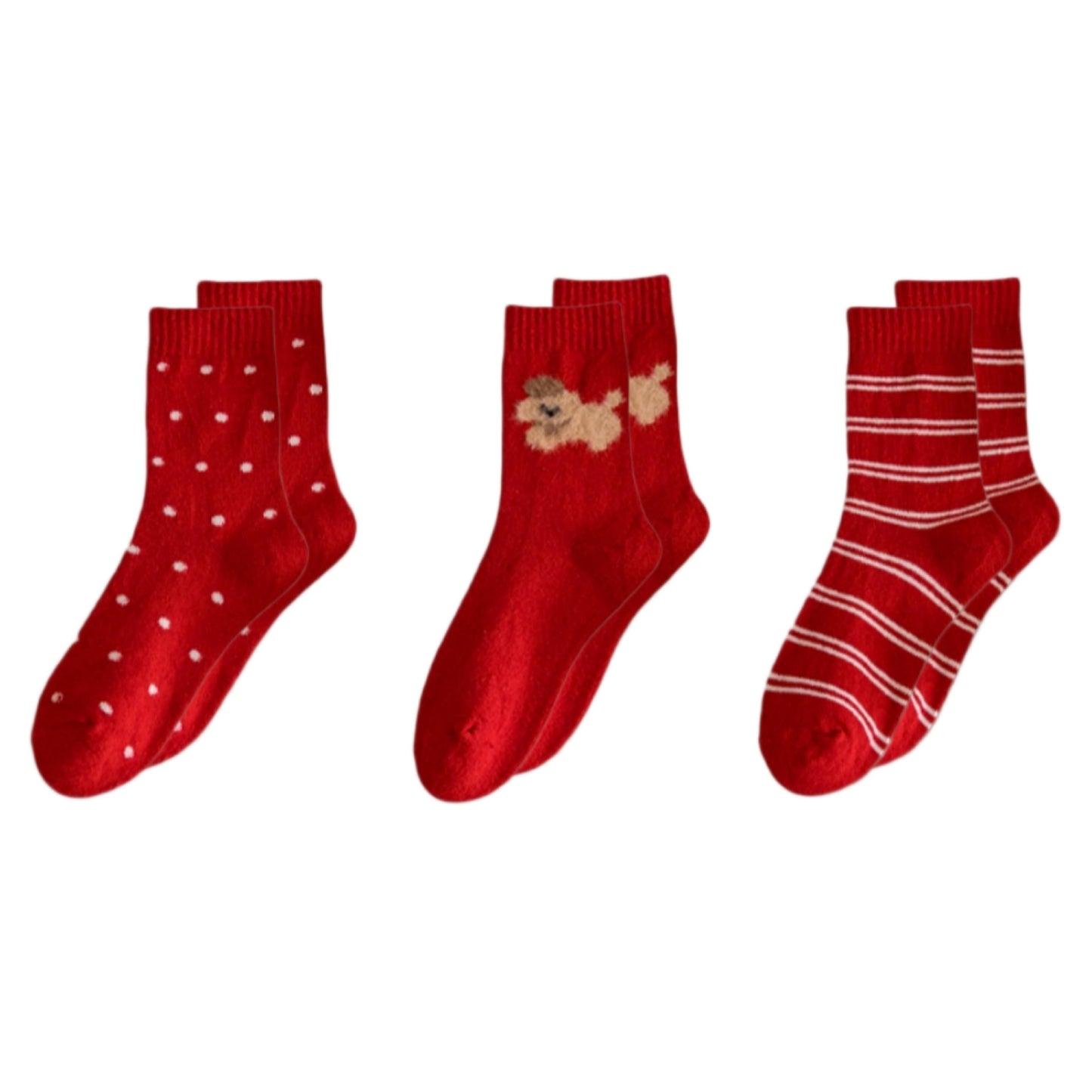 3-Pair Women's Soft Knit Crew Socks with Polka Dot Cable Knit and Stripe Patterns Comfort Set