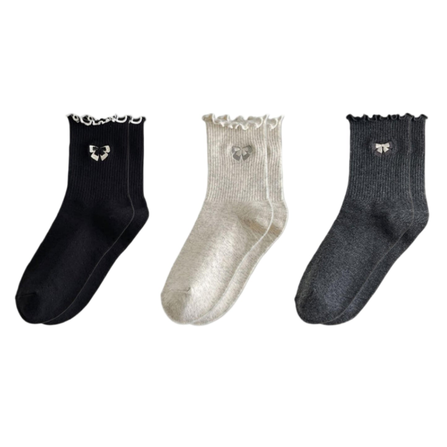 3-Pair Women's Soft Ribbed Ankle Socks with Lettuce Edge Trim and Bow Accent Stretch Knit Comfort Set US(5-10)