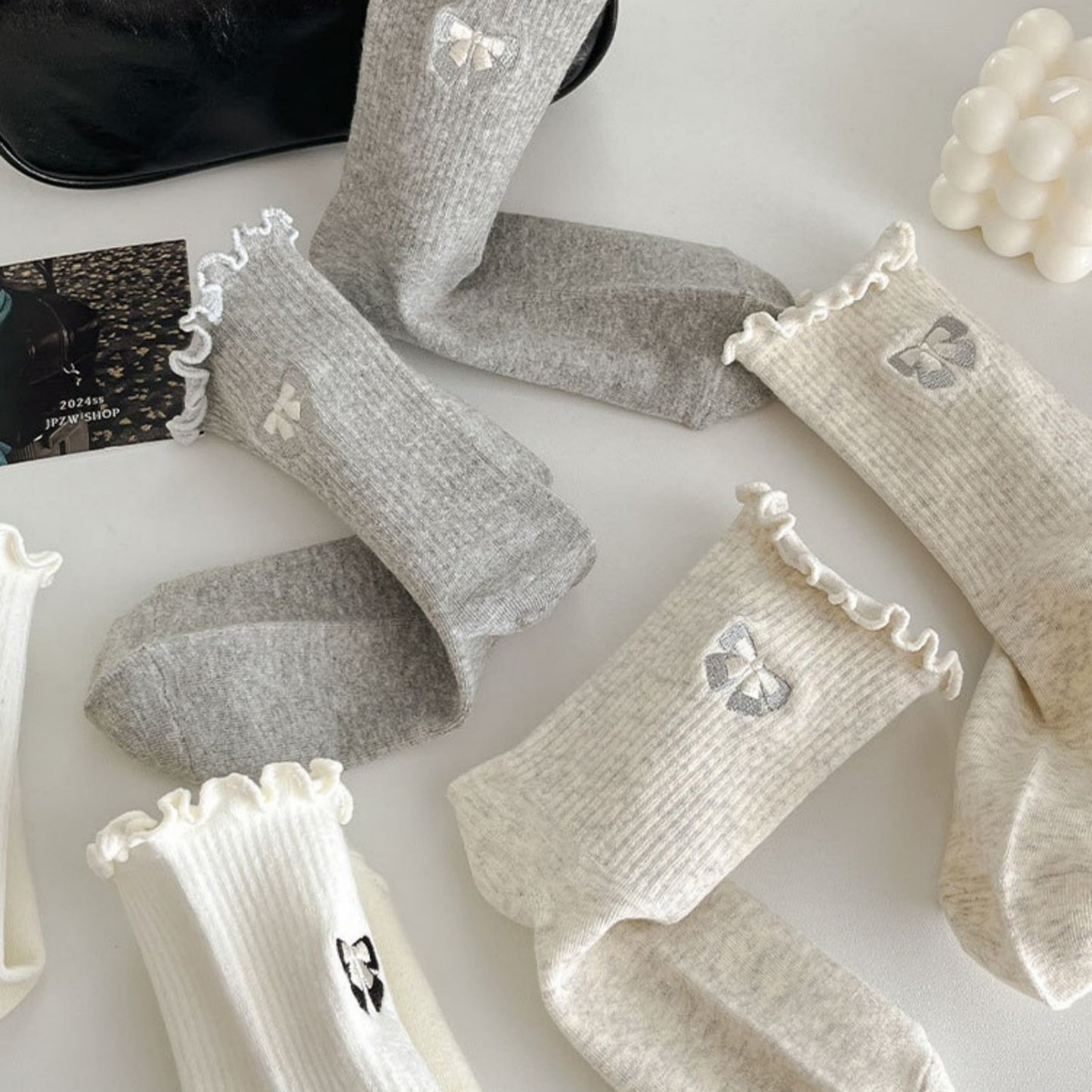 3-Pair Women's Soft Ribbed Ankle Socks with Lettuce Edge Trim and Bow Accent Stretch Knit Comfort Set US(5-10)