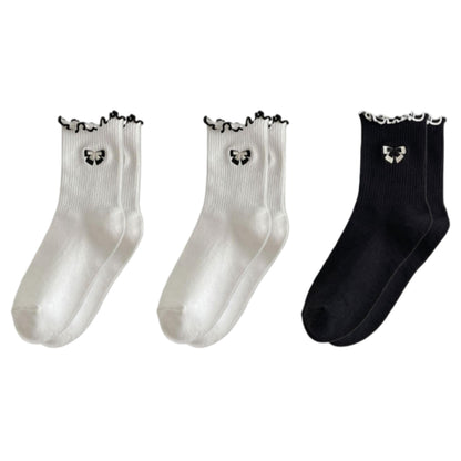 3-Pair Women's Soft Ribbed Ankle Socks with Lettuce Edge Trim and Bow Accent Stretch Knit Comfort Set US(5-10)