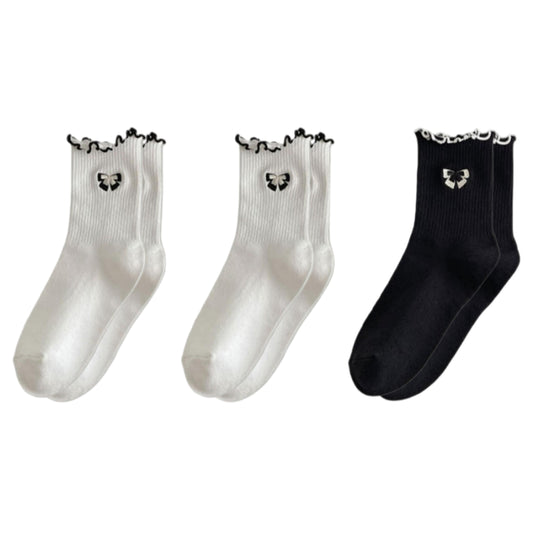 3-Pair Women's Soft Ribbed Ankle Socks with Lettuce Edge Trim and Bow Accent Stretch Knit Comfort Set US(5-10)