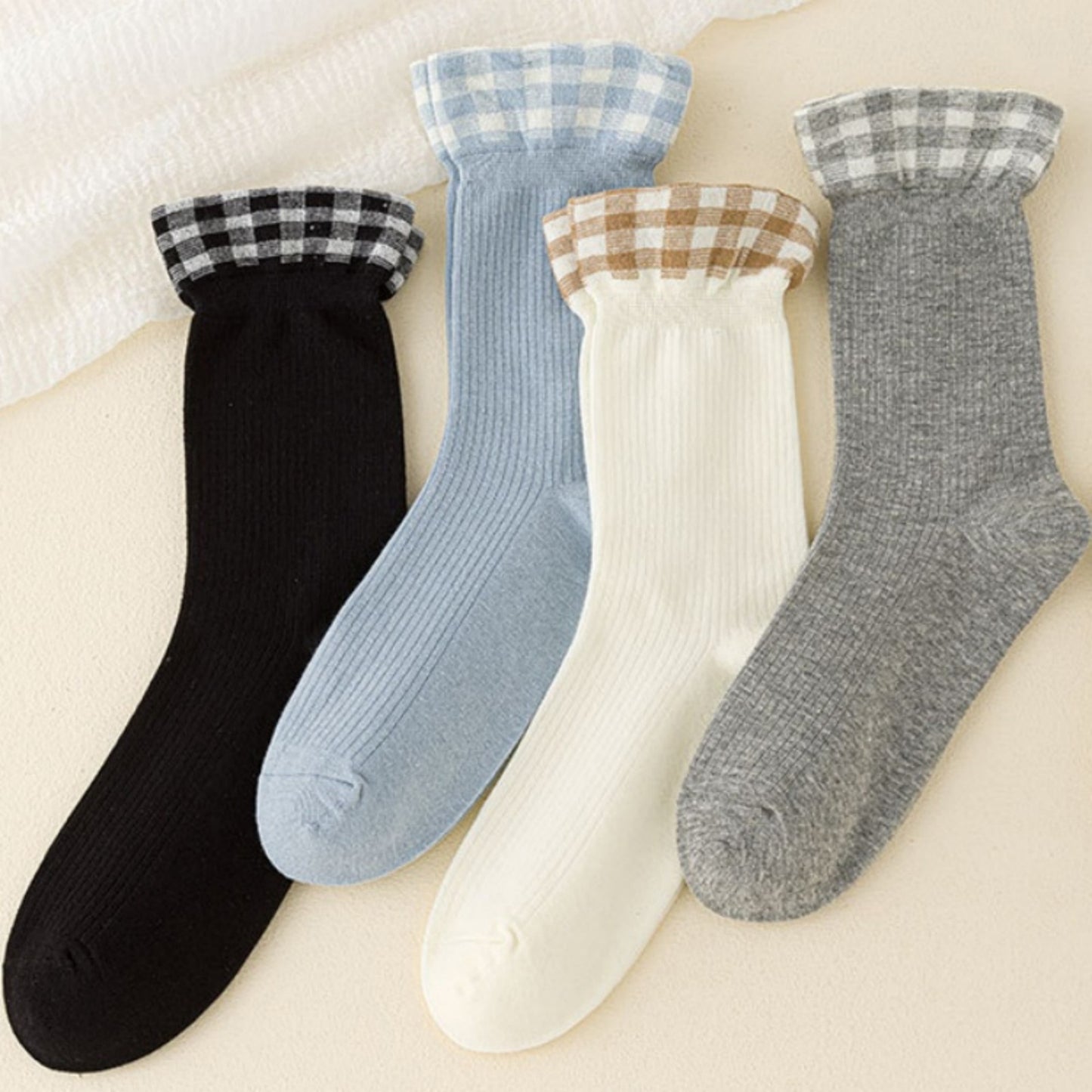4-Pair Women's Ribbed Crew Socks with Gingham Foldover Cuff Soft Stretch Cotton Feel Everyday Gift Set
