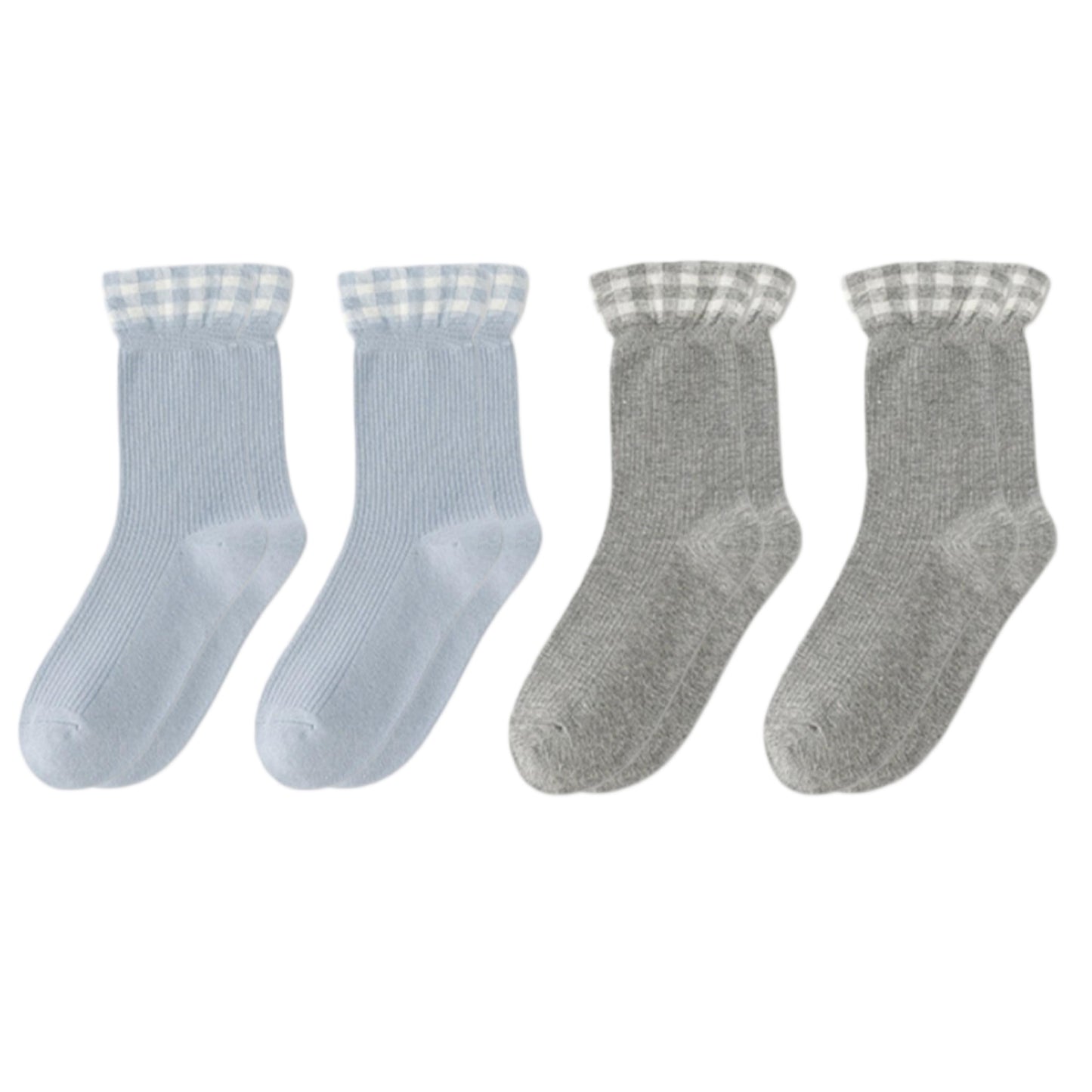 4-Pair Women's Ribbed Crew Socks with Gingham Foldover Cuff Soft Stretch Cotton Feel Everyday Gift Set