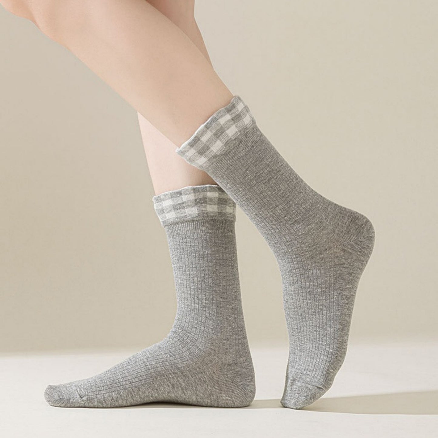 4-Pair Women's Ribbed Crew Socks with Gingham Foldover Cuff Soft Stretch Cotton Feel Everyday Gift Set