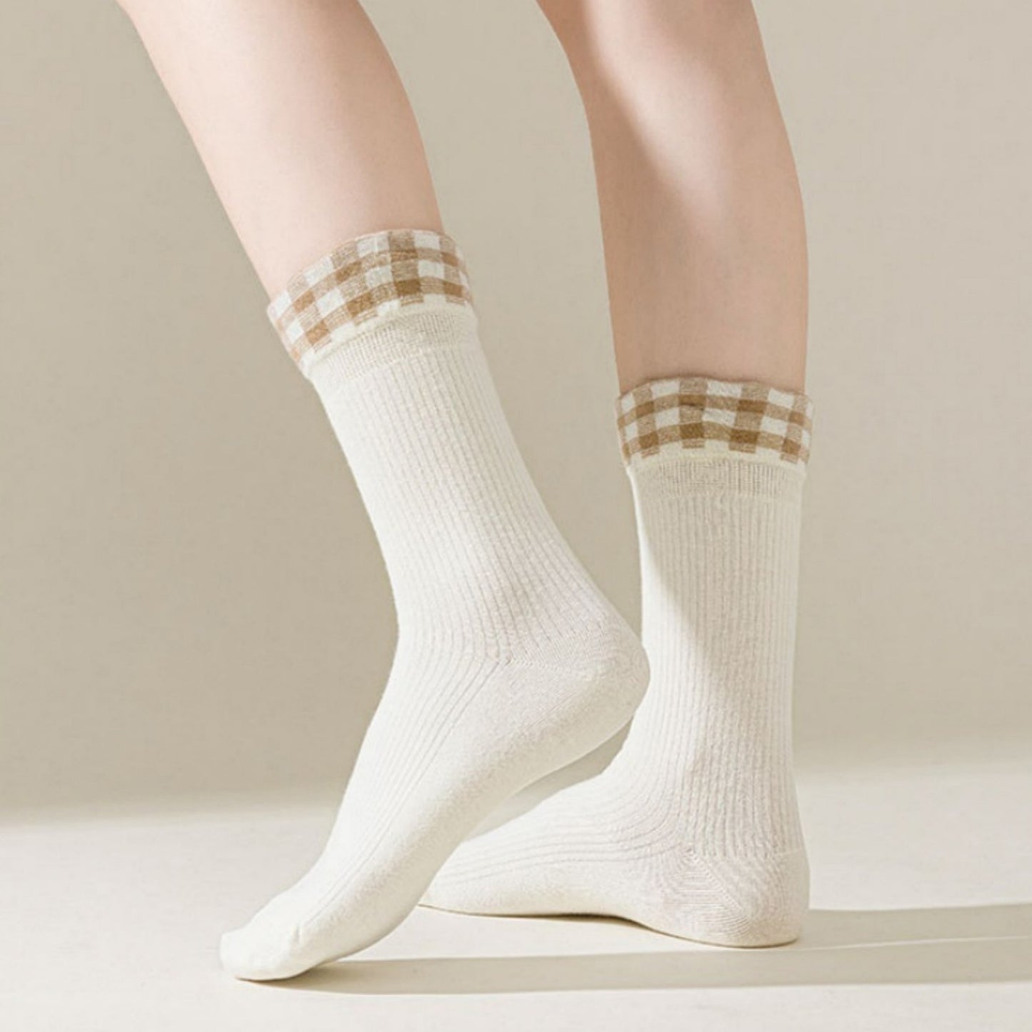4-Pair Women's Ribbed Crew Socks with Gingham Foldover Cuff Soft Stretch Cotton Feel Everyday Gift Set