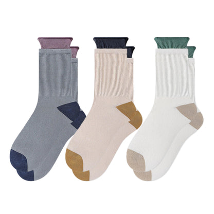 3-Pair Women's Ribbed Crew Socks with Contrast Heel Toe Accents Soft Stretch Fabric Everyday Comfort Gift Set