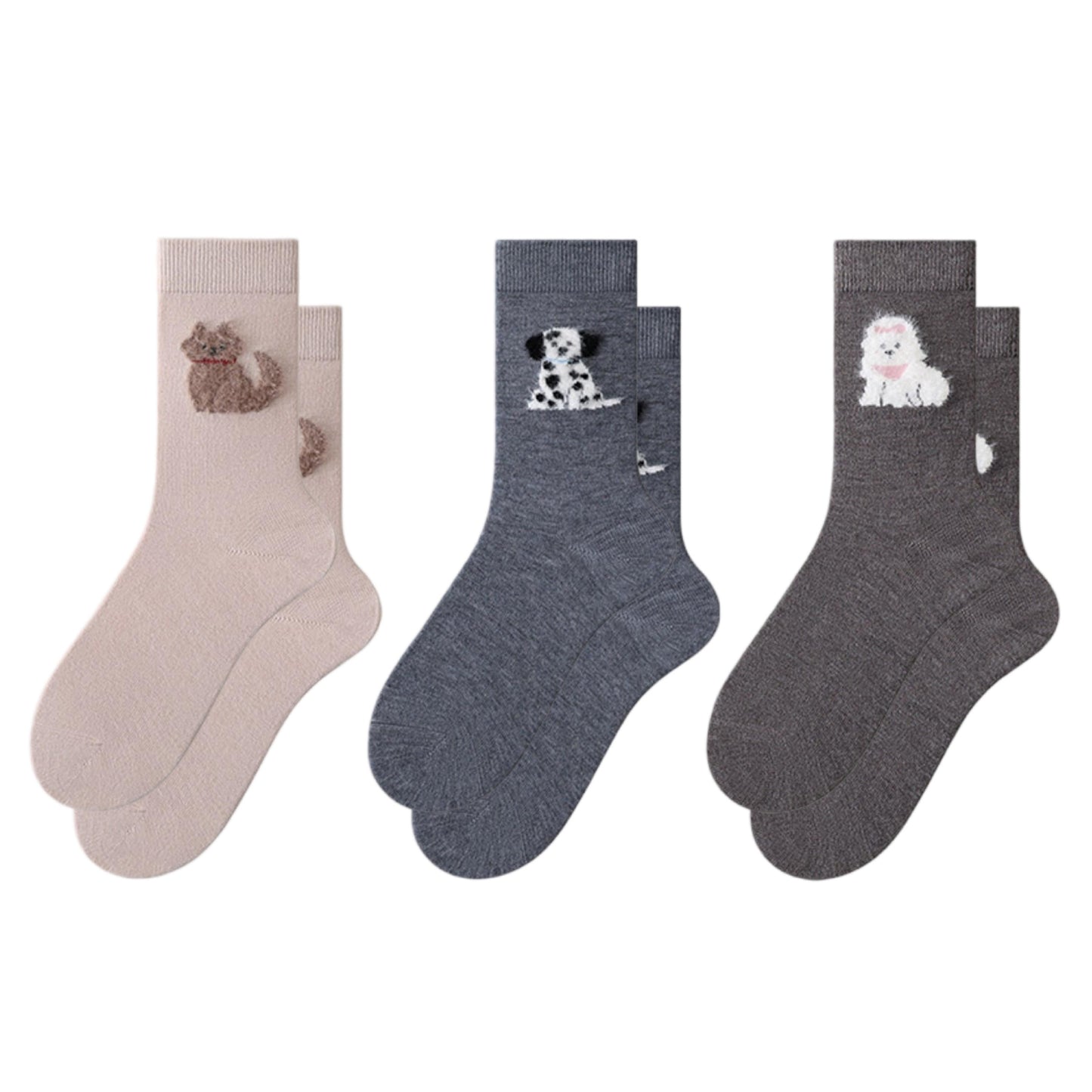 3-Piece Set Crew Socks with Embroidered Dog Designs Soft Stretch Knit Fabric and Comfortable Everyday Fit