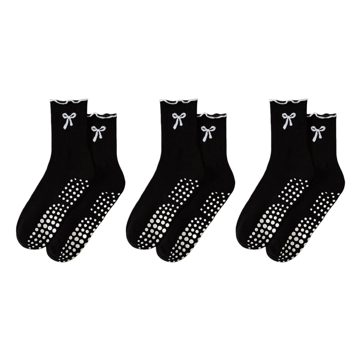 3-Piece Set Ribbed Crew Socks with Bow Embroidery Scalloped Cuff and Non Slip Grip Sole
