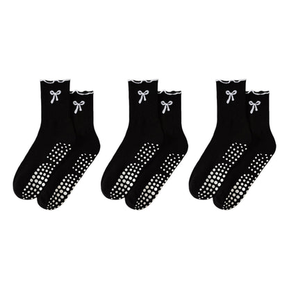 3-Piece Set Ribbed Crew Socks with Bow Embroidery Scalloped Cuff and Non Slip Grip Sole