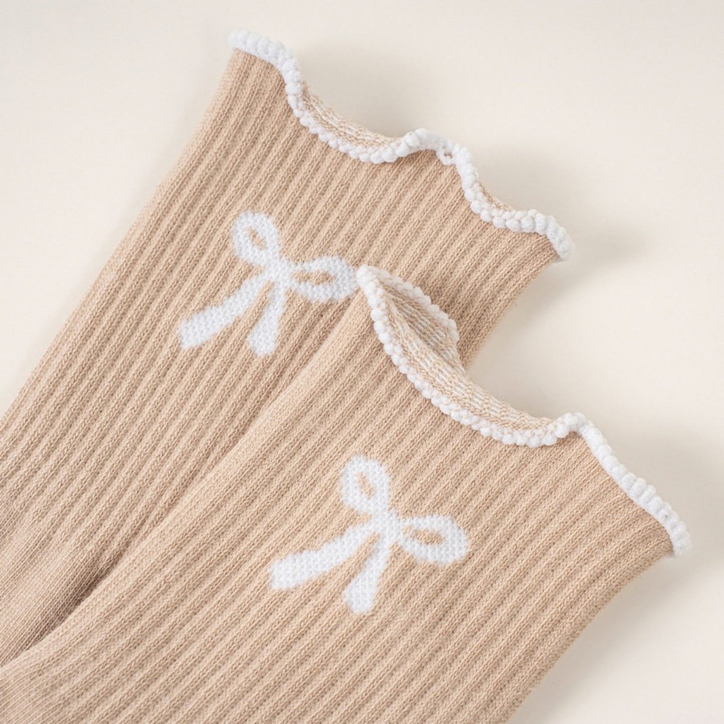 3-Piece Set Ribbed Crew Socks with Bow Embroidery Scalloped Cuff and Non Slip Grip Sole