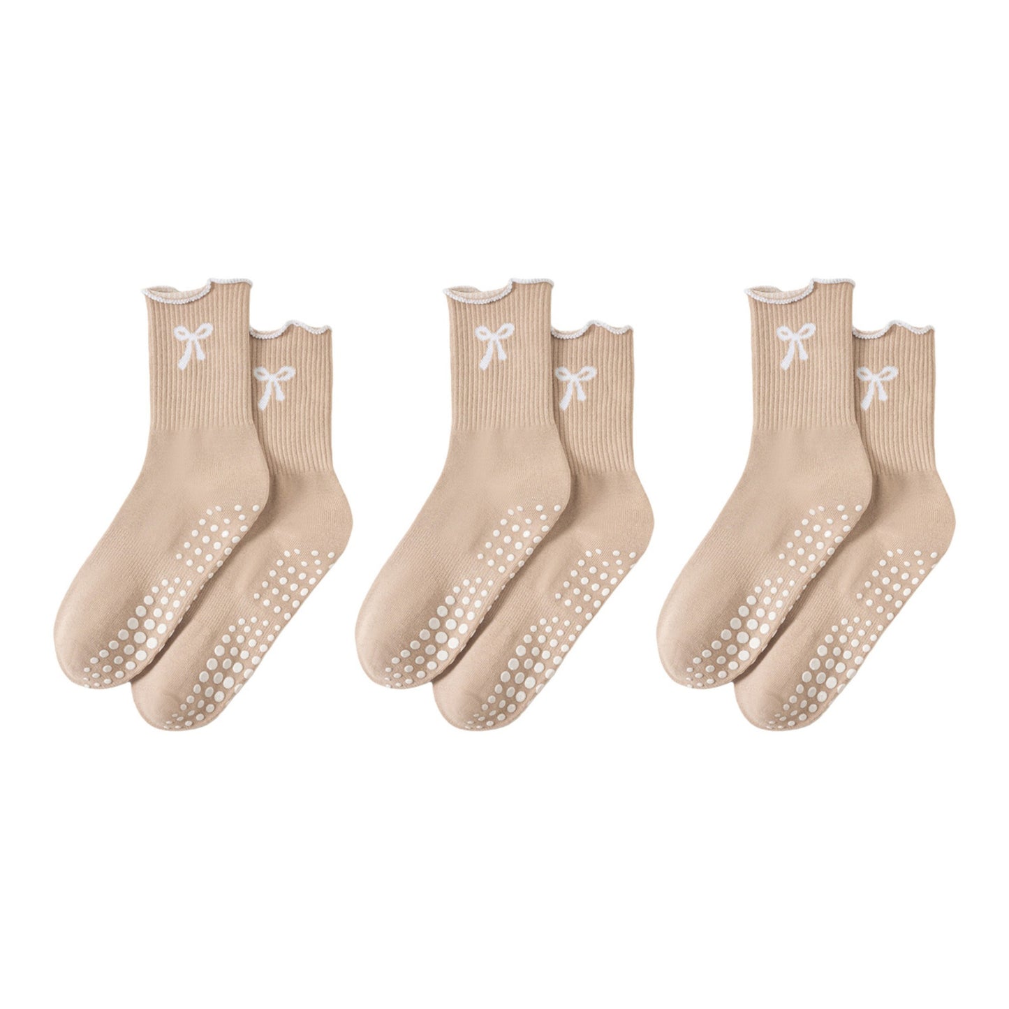 3-Piece Set Ribbed Crew Socks with Bow Embroidery Scalloped Cuff and Non Slip Grip Sole