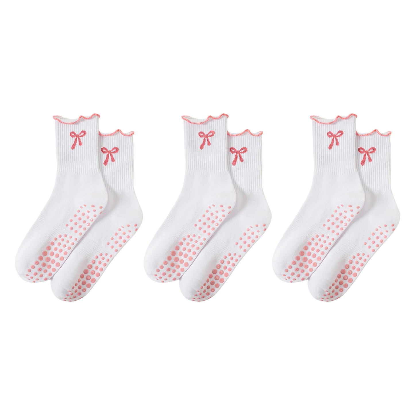 3-Piece Set Ribbed Crew Socks with Bow Embroidery Scalloped Cuff and Non Slip Grip Sole