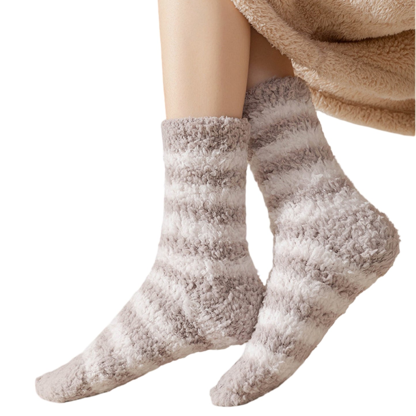 2-Pack Womens Striped Coral Fleece Cozy Crew Socks Soft Plush Thermal Warmth