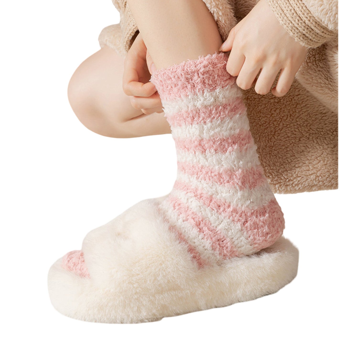 2-Pack Womens Striped Coral Fleece Cozy Crew Socks Soft Plush Thermal Warmth