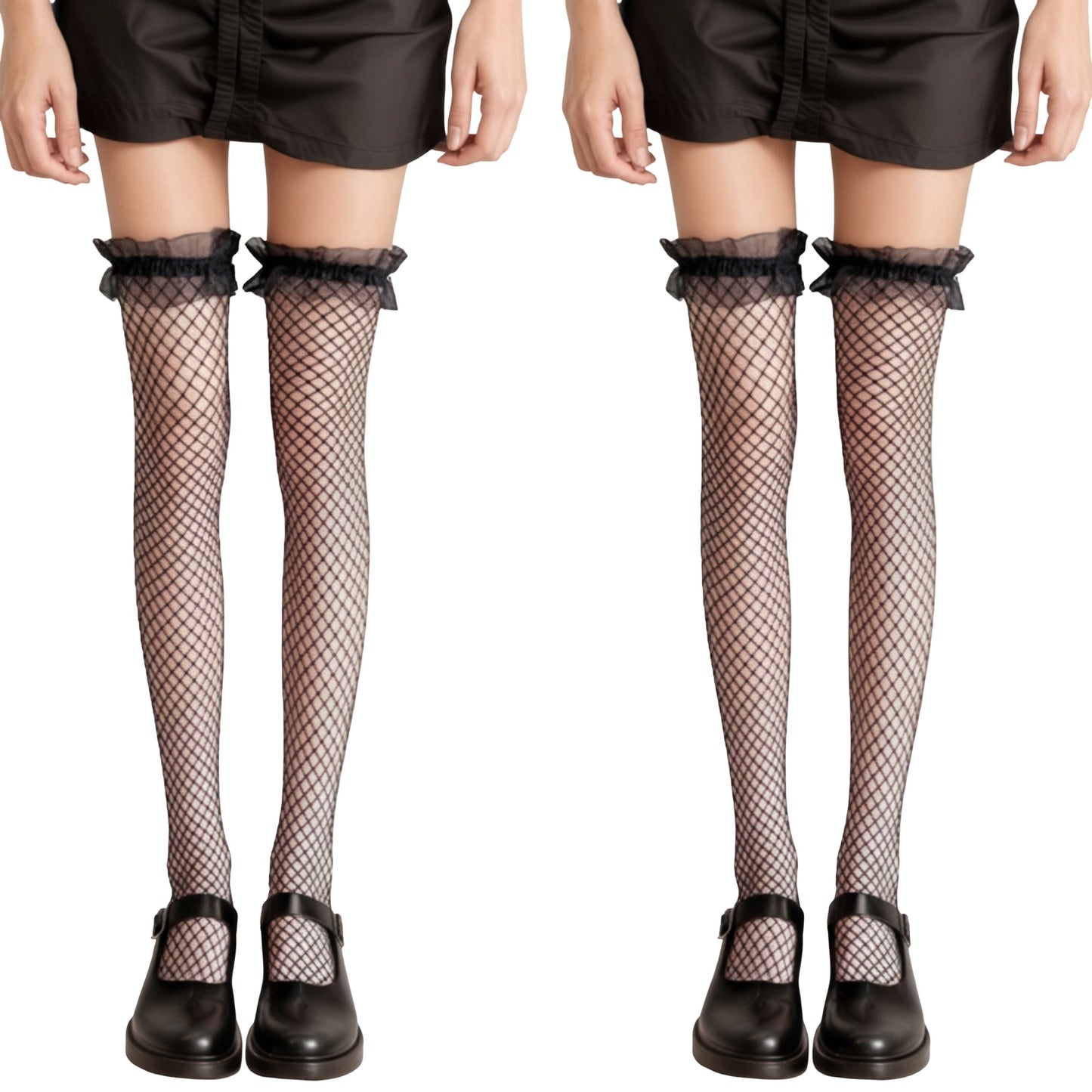 2pcs Women's Fishnet Thigh High Stockings with Ruffled Lace Top Detail Soft Stretch Fit for Delicate Feminine Layered Styling