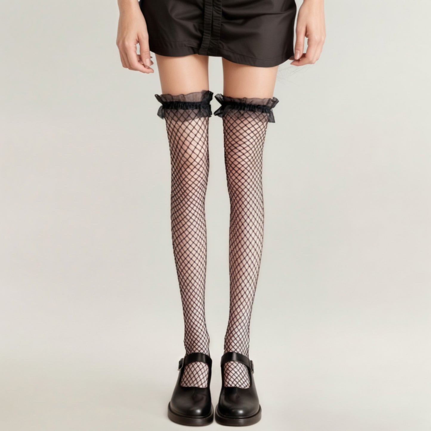 Fishnet Thigh High Stockings with Ruffled Lace Top Detail and Soft Stretch Fit for Delicate Feminine Layered Styling