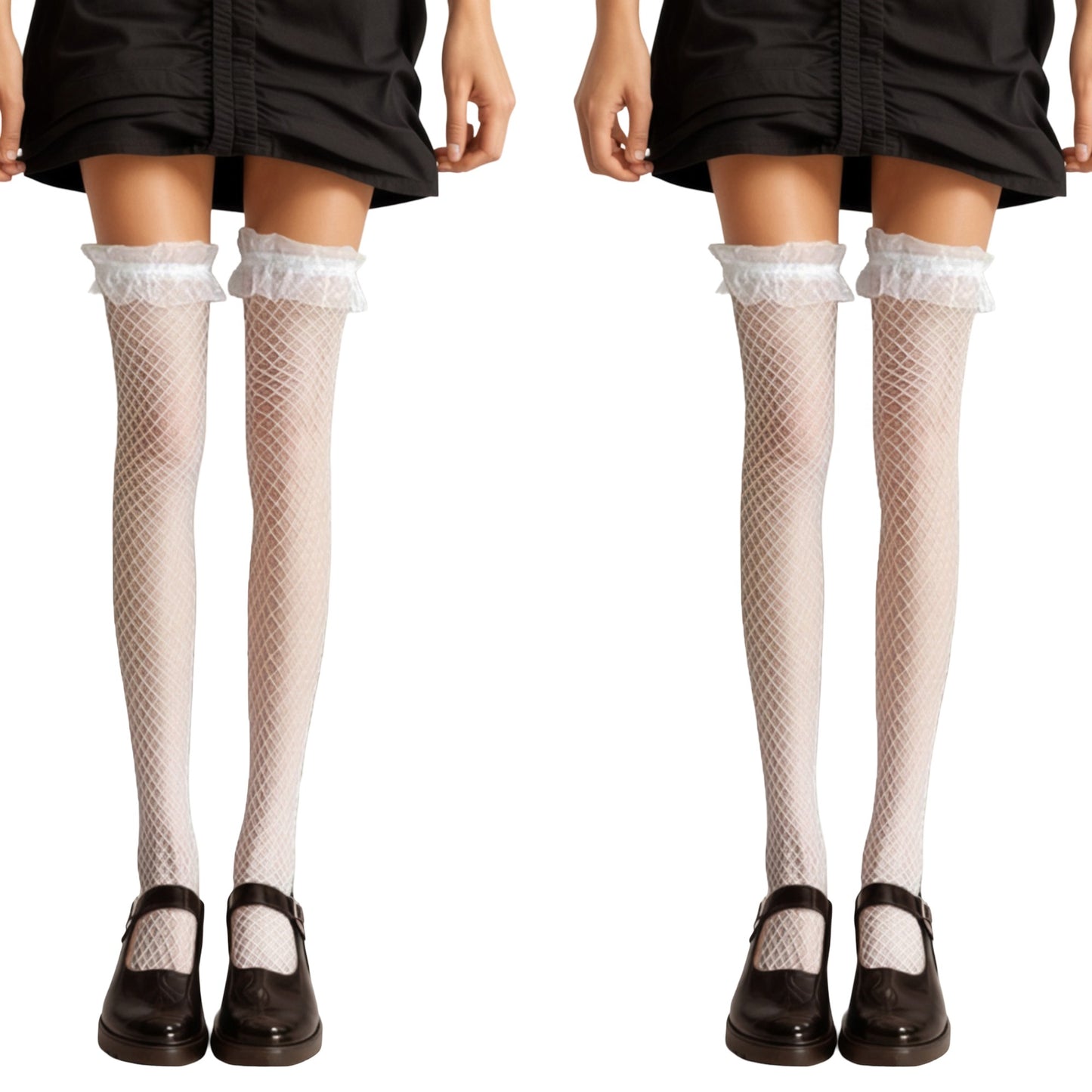 2pcs Women's Fishnet Thigh High Stockings with Ruffled Lace Top Detail Soft Stretch Fit for Delicate Feminine Layered Styling