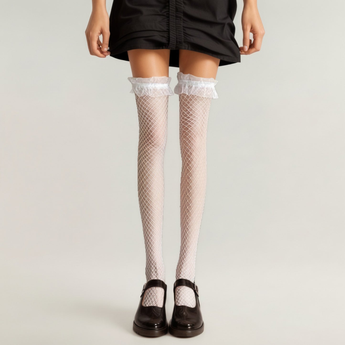 Fishnet Thigh High Stockings with Ruffled Lace Top Detail and Soft Stretch Fit for Delicate Feminine Layered Styling
