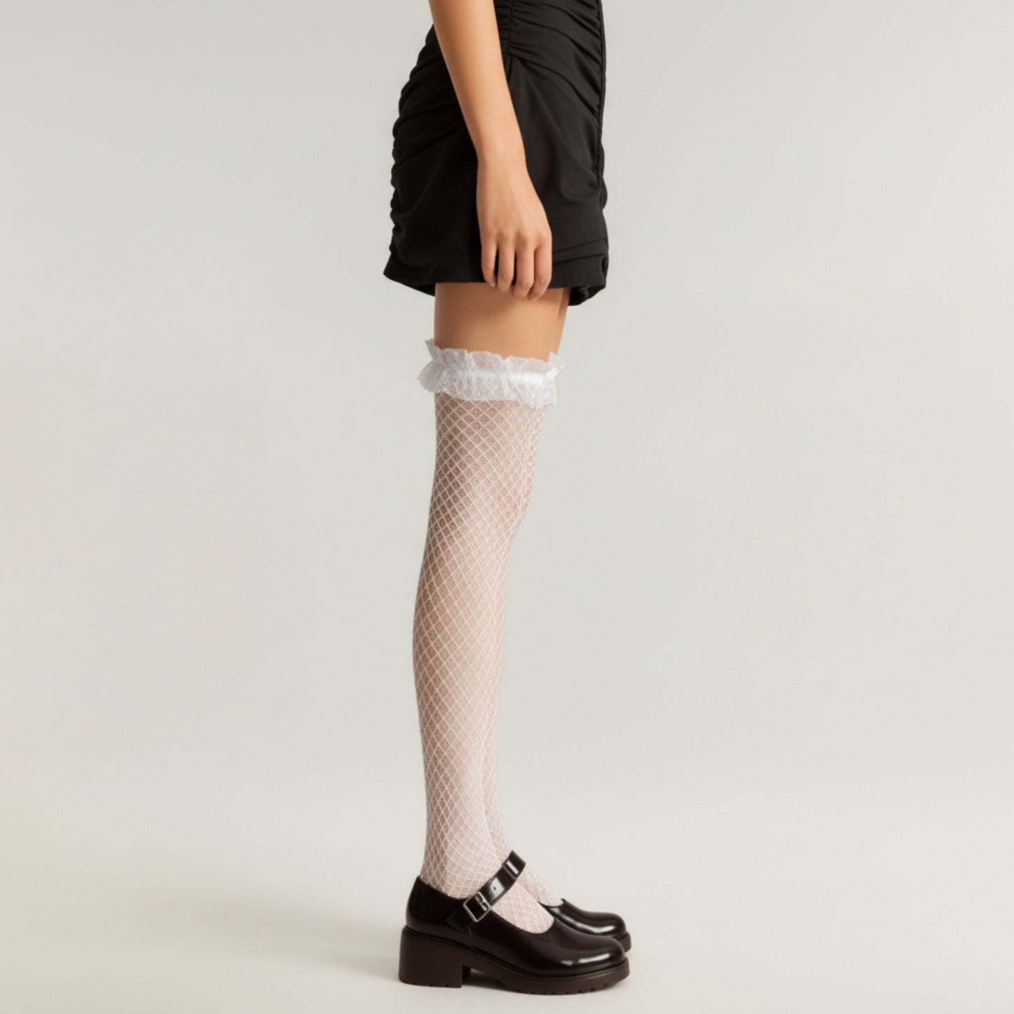 Fishnet Thigh High Stockings with Ruffled Lace Top Detail and Soft Stretch Fit for Delicate Feminine Layered Styling