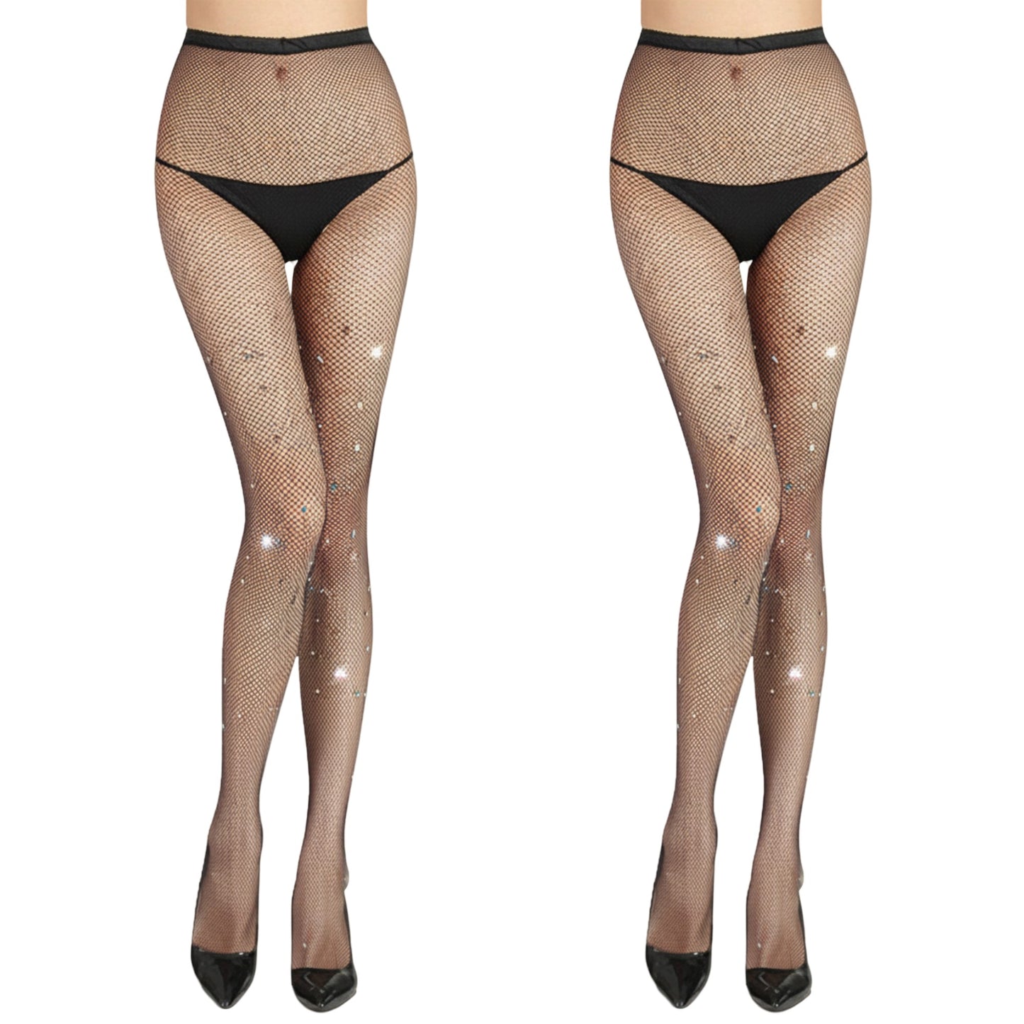 2pcs Women's Fishnet Full Length Tights with Rhinestone Embellishments and Soft Stretch Fit for Sparkling Stylish Legwear