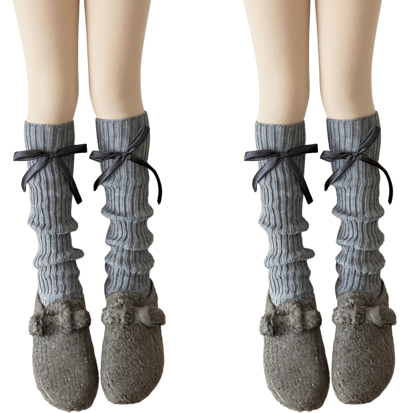 2pcs Women's Ribbed Knit Leg Warmers with Decorative Ribbon Bow Detail Soft Stretch Fit for Cozy Feminine Layered Styling