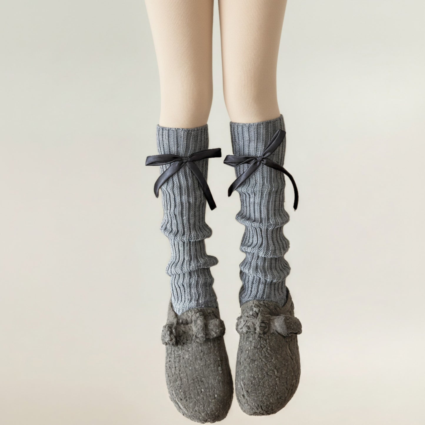 Ribbed Knit Leg Warmers with Decorative Ribbon Bow Detail and Soft Stretch Fit for Cozy Feminine Layered Styling