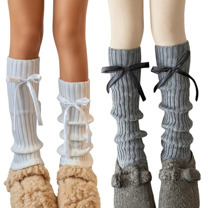 2pcs Women's Ribbed Knit Leg Warmers with Decorative Ribbon Bow Detail Soft Stretch Fit for Cozy Feminine Layered Styling