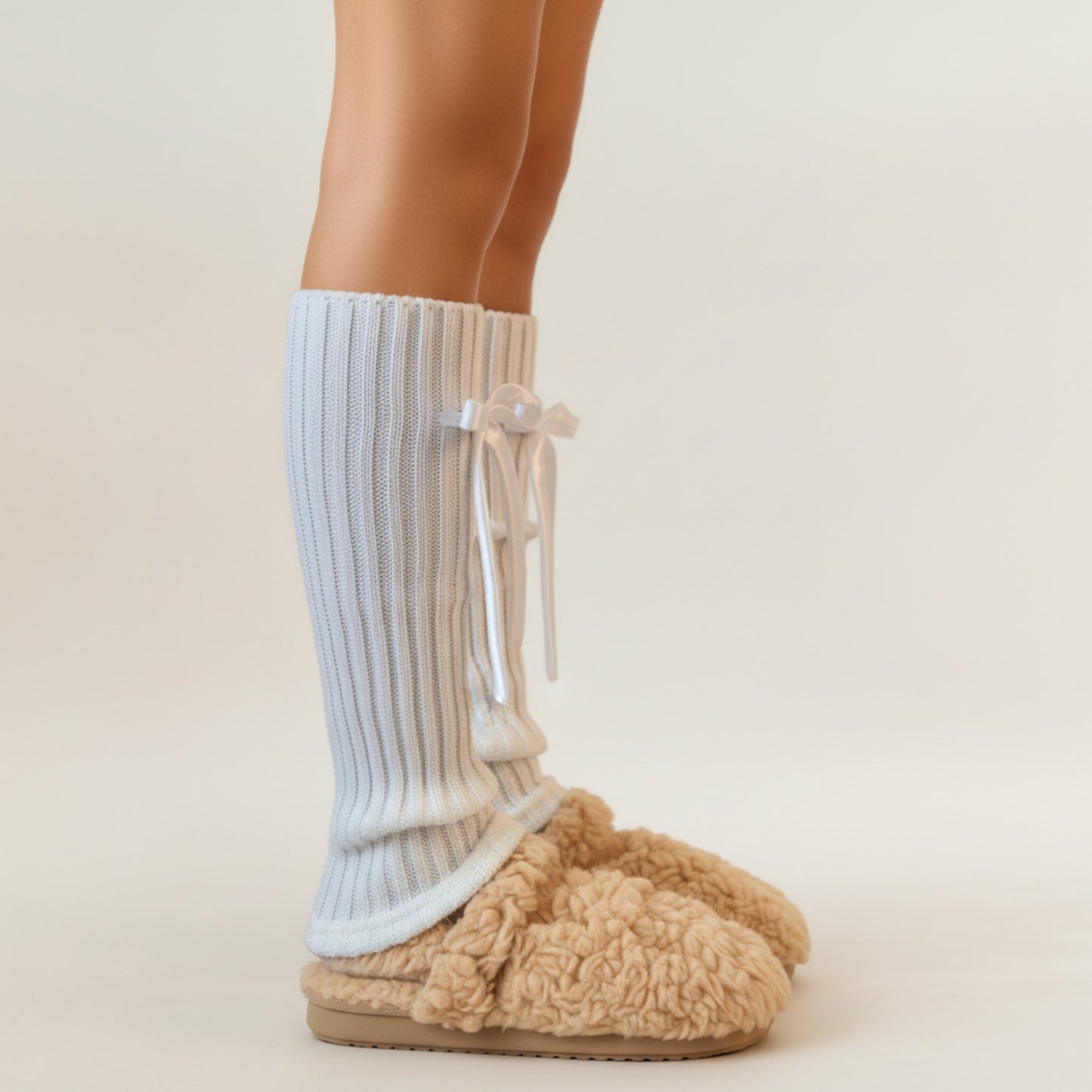 Ribbed Knit Leg Warmers with Decorative Ribbon Bow Detail and Soft Stretch Fit for Cozy Feminine Layered Styling