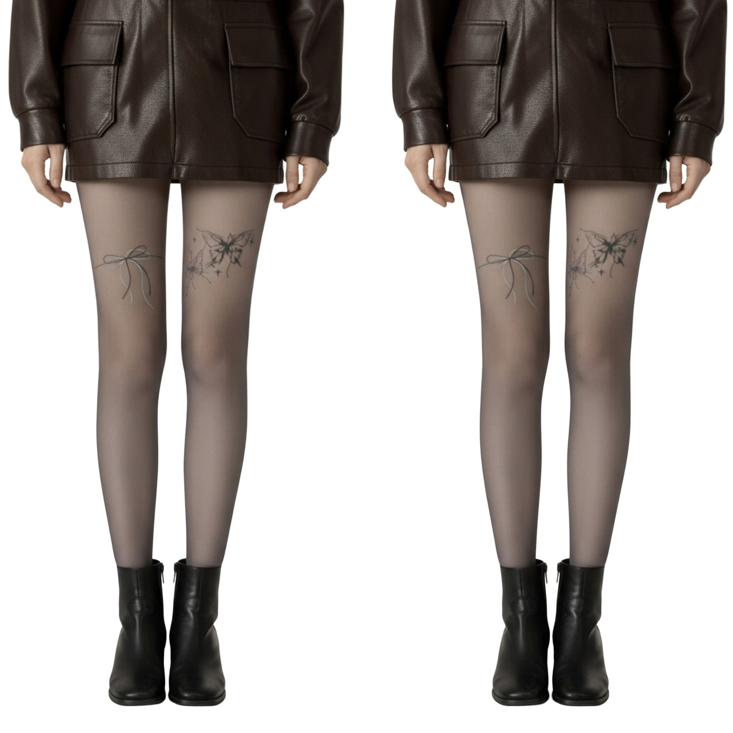 2pcs Women's Sheer Full Length Tights with Bow and Butterfly Thigh Print and Soft Stretch Fit for Delicate Feminine Styling