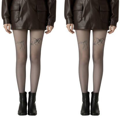 2pcs Women's Sheer Full Length Tights with Bow and Butterfly Thigh Print and Soft Stretch Fit for Delicate Feminine Styling