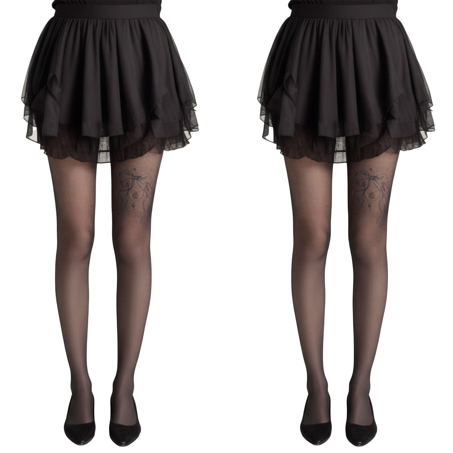 2pcs Women's Sheer Full Length Tights with Decorative Bow Thigh Print and Soft Stretch Fit for Delicate Feminine Styling