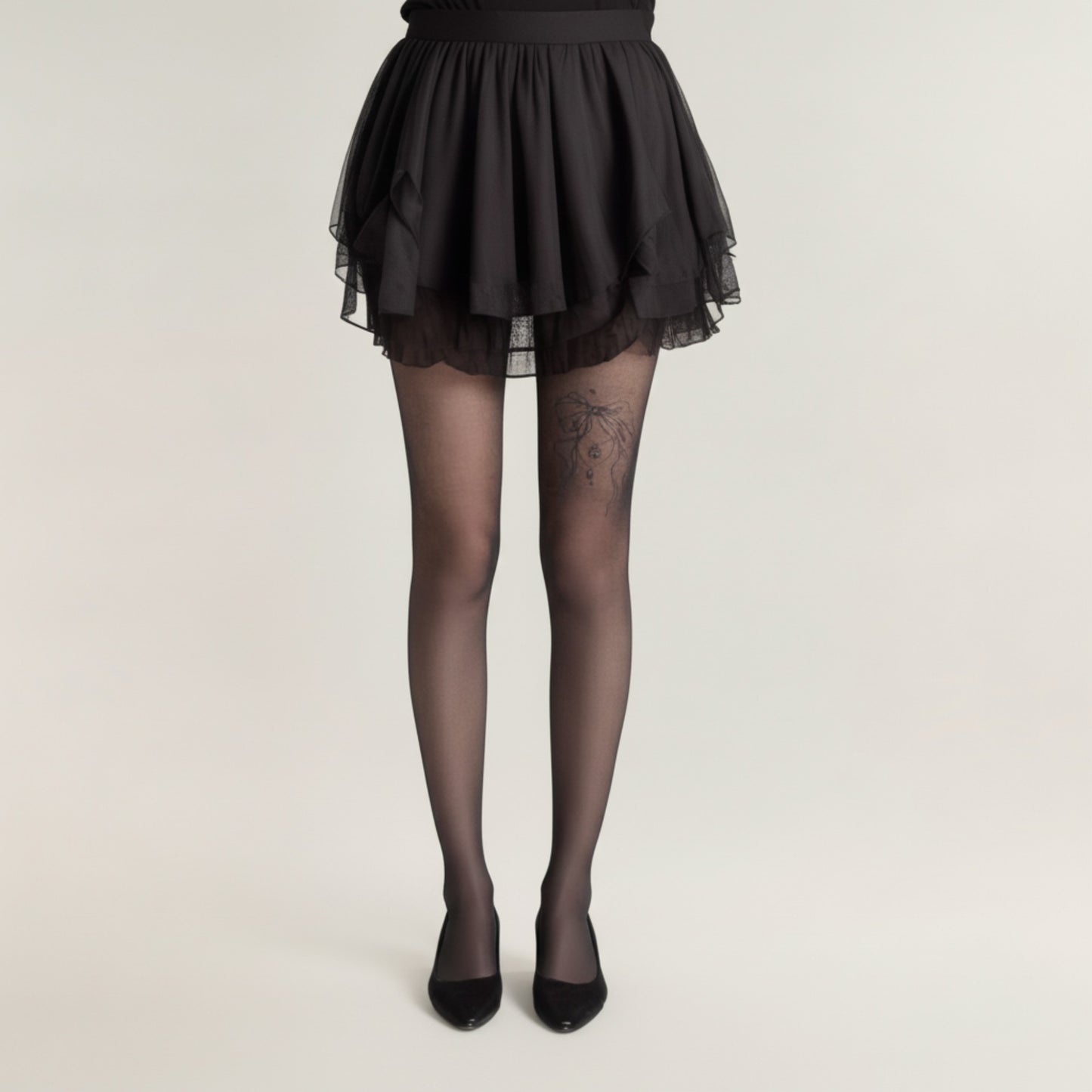Sheer Full Length Tights with Decorative Bow Thigh Print and Soft Stretch Fit for Delicate Feminine Styling