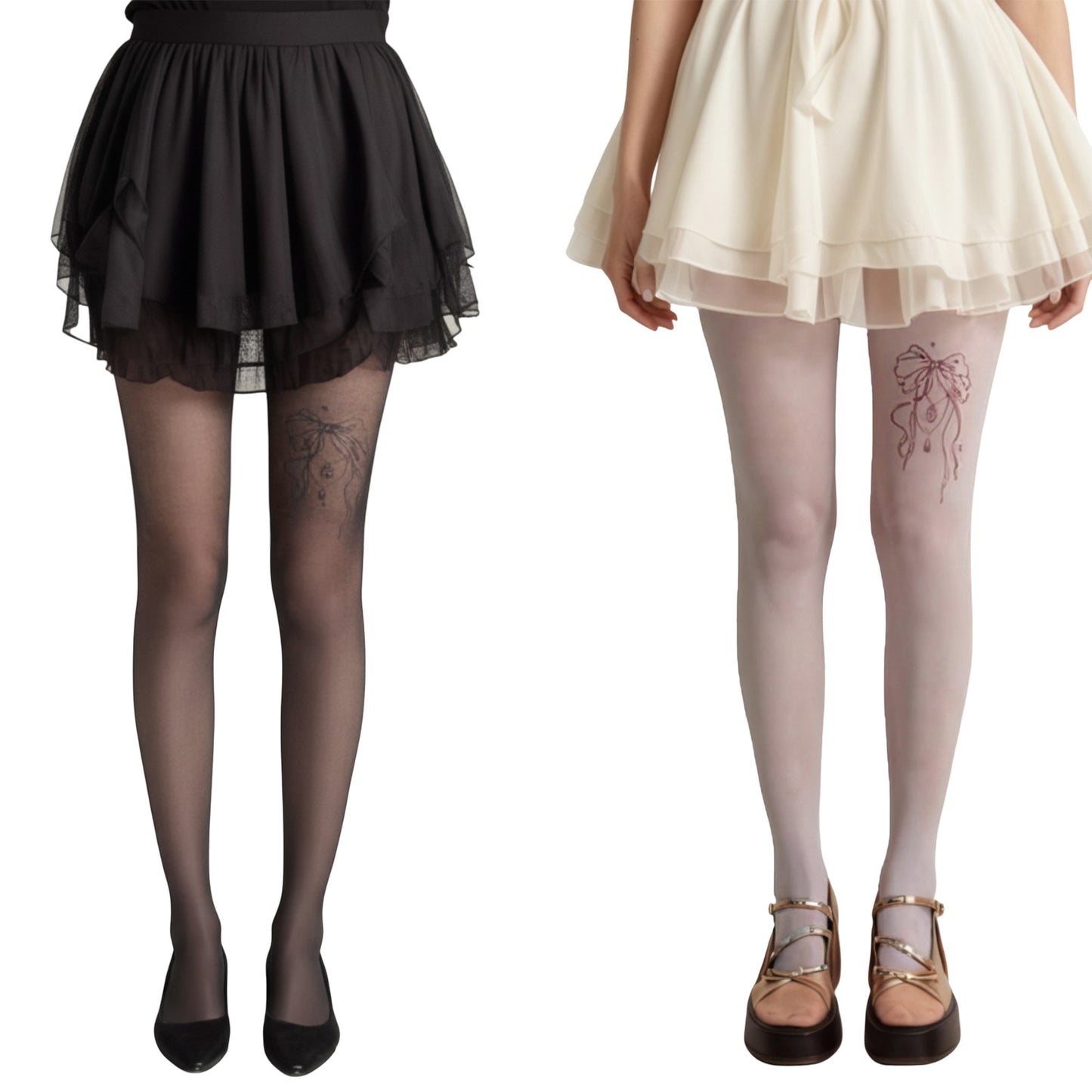2pcs Women's Sheer Full Length Tights with Decorative Bow Thigh Print and Soft Stretch Fit for Delicate Feminine Styling