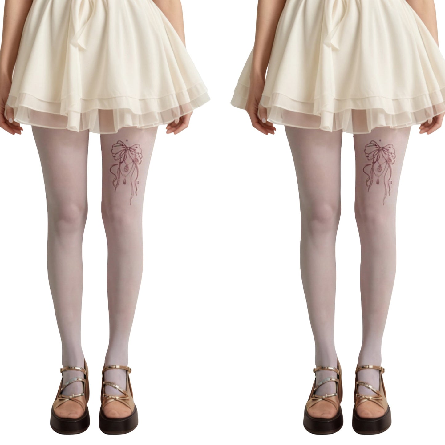 2pcs Women's Sheer Full Length Tights with Decorative Bow Thigh Print and Soft Stretch Fit for Delicate Feminine Styling