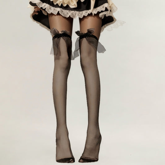 Sheer Thigh High Stockings with Oversized Organza Bow Accents and Soft Stretch Fit for Elegant Feminine Styling