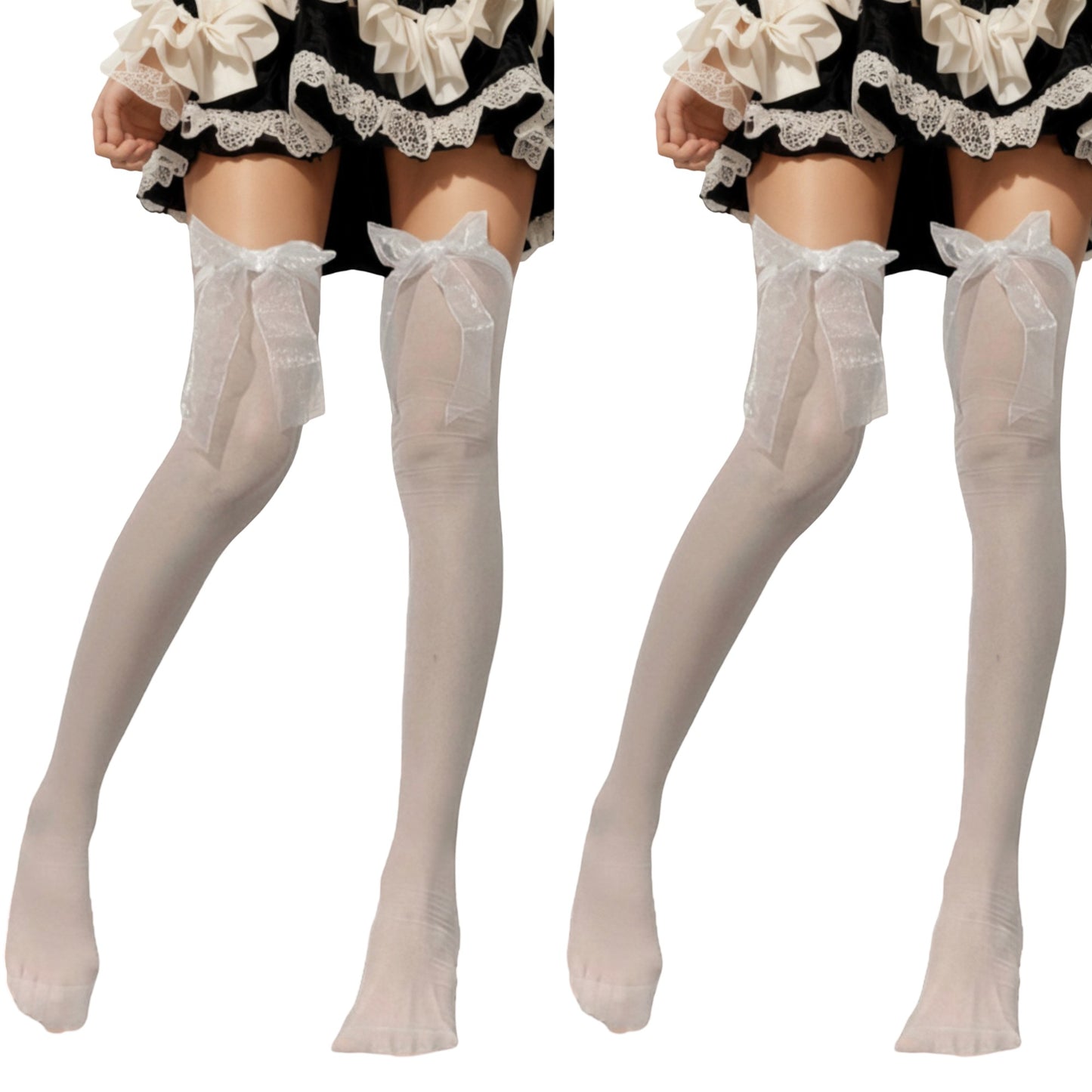 2pcs Women's Sheer Thigh High Stockings with Oversized Organza Bow Accents and Soft Stretch Fit for Elegant Feminine Styling