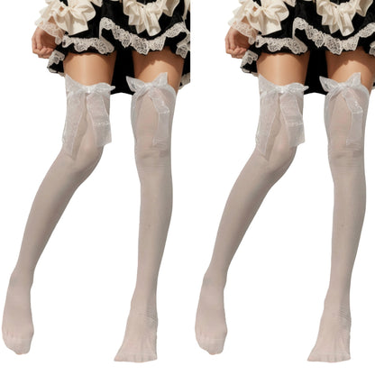 2pcs Women's Sheer Thigh High Stockings with Oversized Organza Bow Accents and Soft Stretch Fit for Elegant Feminine Styling
