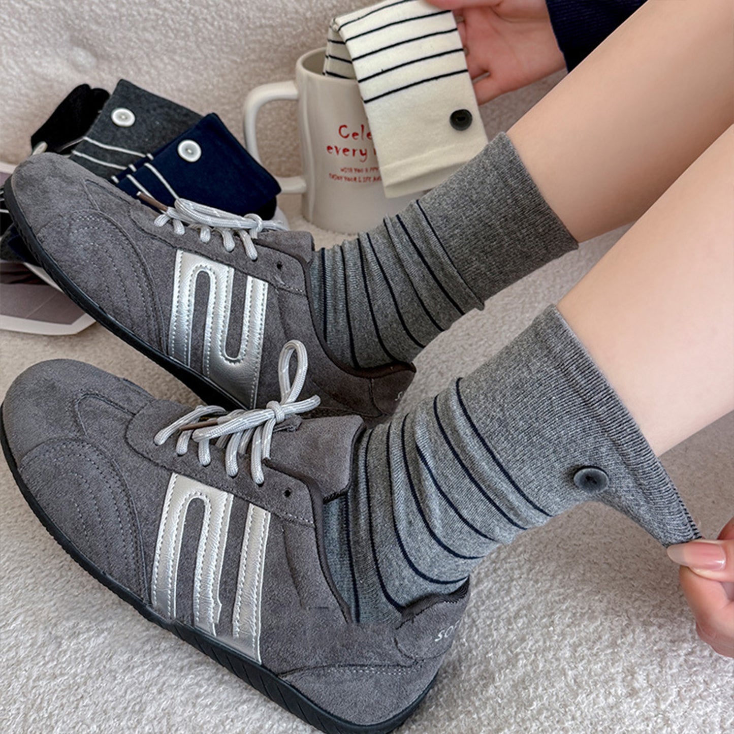 Womens Cotton Crew Socks 6 Pair Pack Striped Accent Soft Breathable