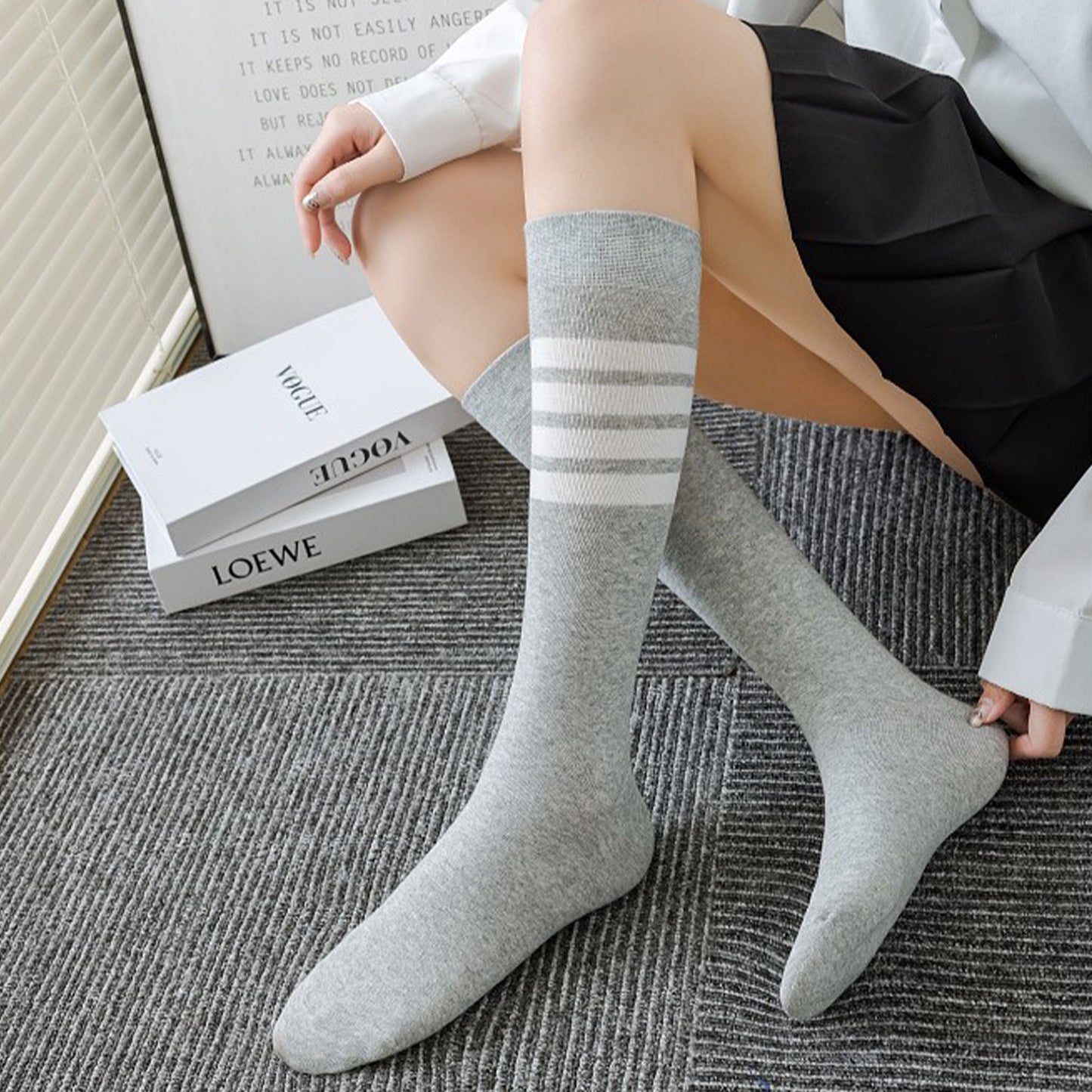 Womens Cotton Crew Socks 6 Pairs Striped Athletic Design Soft Breathable Comfort
