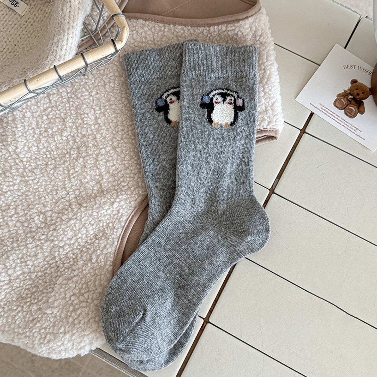 Womens Soft Cotton Crew Socks 6 Pairs Cute Animal Embroidery Comfortable