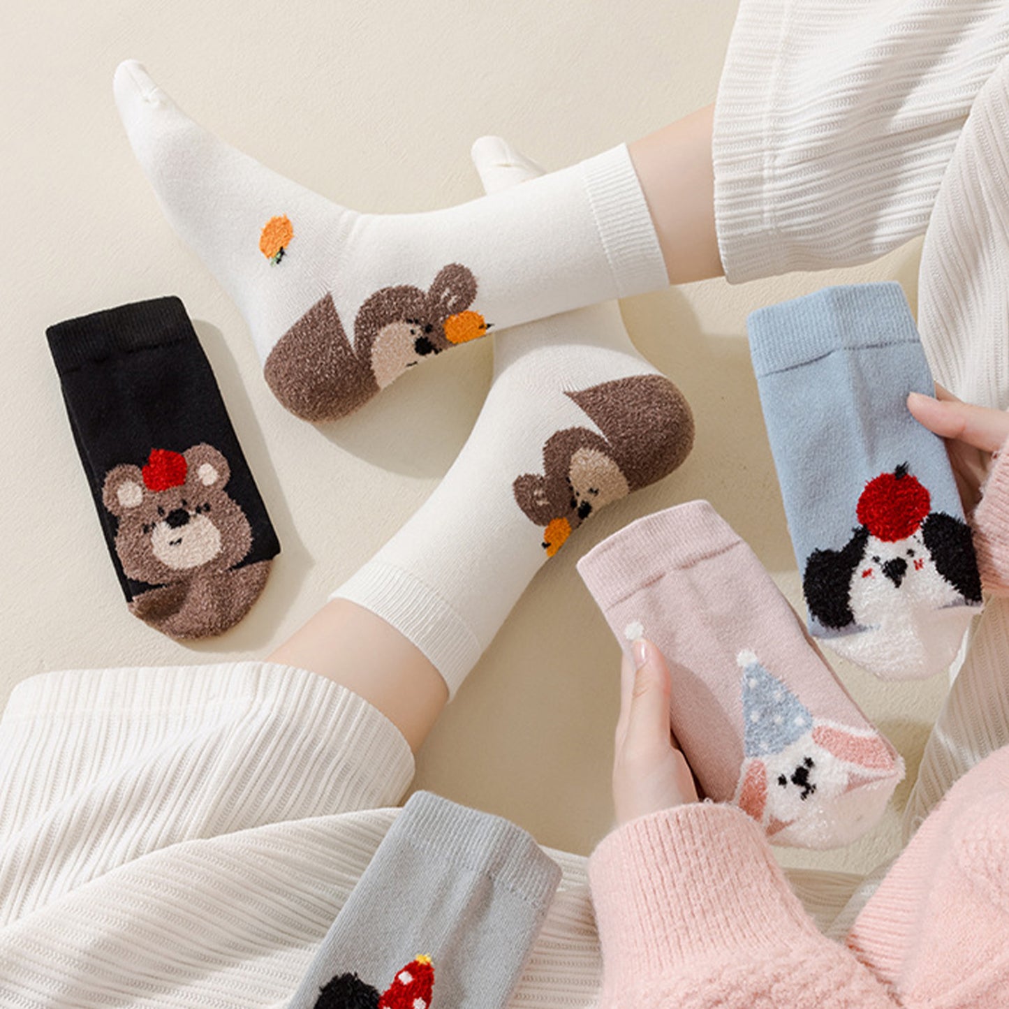 Womens Pure Cotton Crew Socks 6 Pairs Soft Breathable Cute Cartoon Design