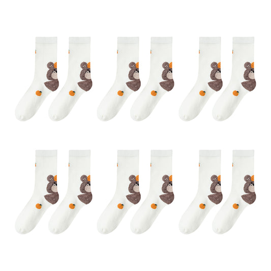 Womens Pure Cotton Crew Socks 6 Pairs Soft Breathable Cute Cartoon Design