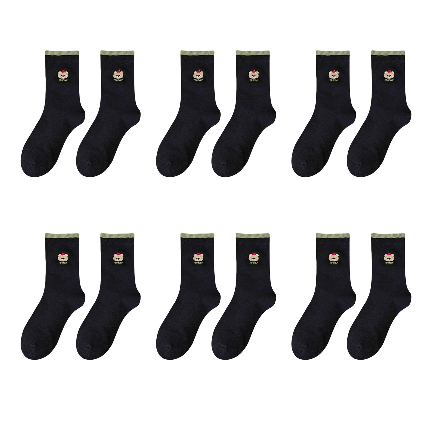 Womens Comfortable Cotton Crew Socks 6 Pairs Soft Embroidered Bear Design