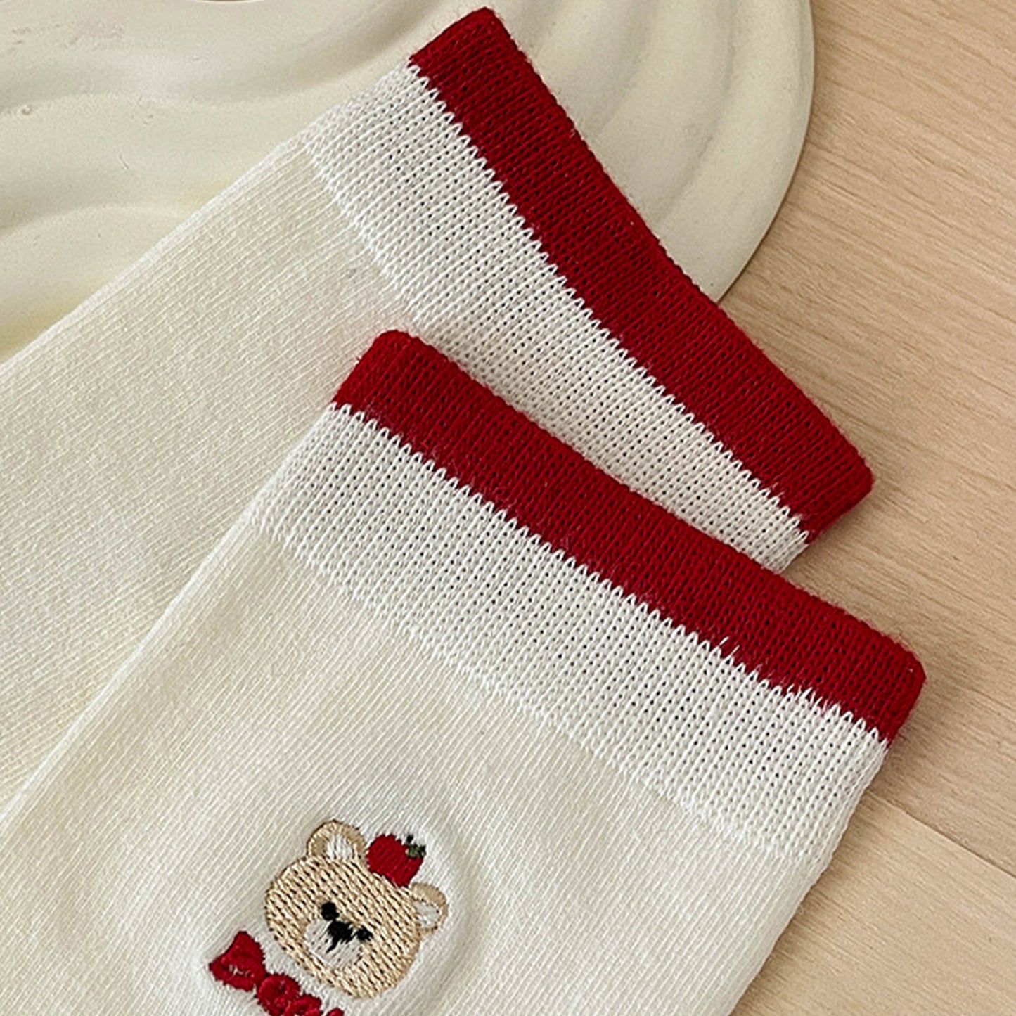 Womens Comfortable Cotton Crew Socks 6 Pairs Soft Embroidered Bear Design
