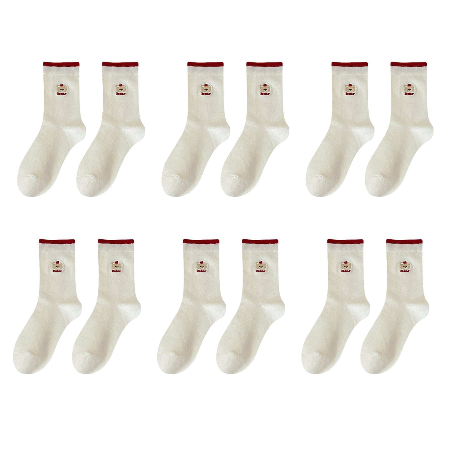 Womens Comfortable Cotton Crew Socks 6 Pairs Soft Embroidered Bear Design
