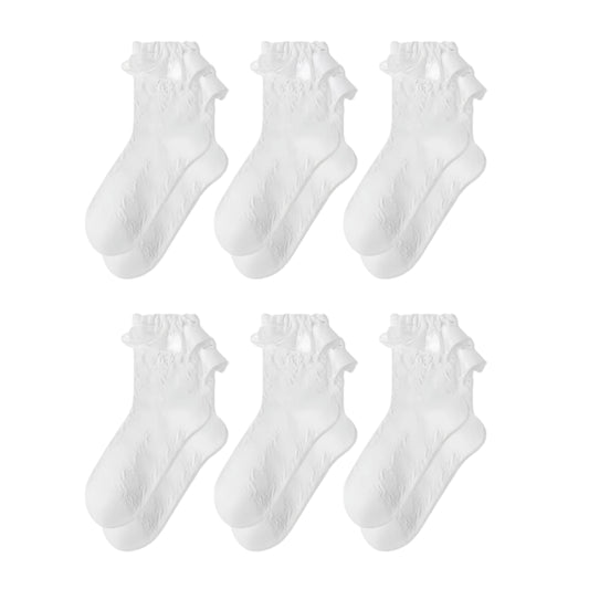 6-Piece Ruffle Trim Ankle Socks with Soft Stretch Fabric Breathable Lightweight Textured Knit