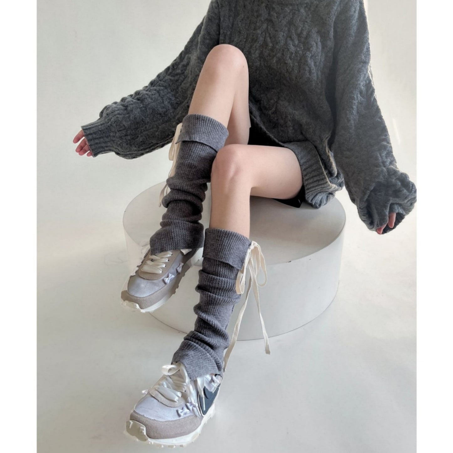 Knit Leg Warmers with Adjustable Ribbon Tie Detail Soft Stretch Texture and Slouchy Layering Fit