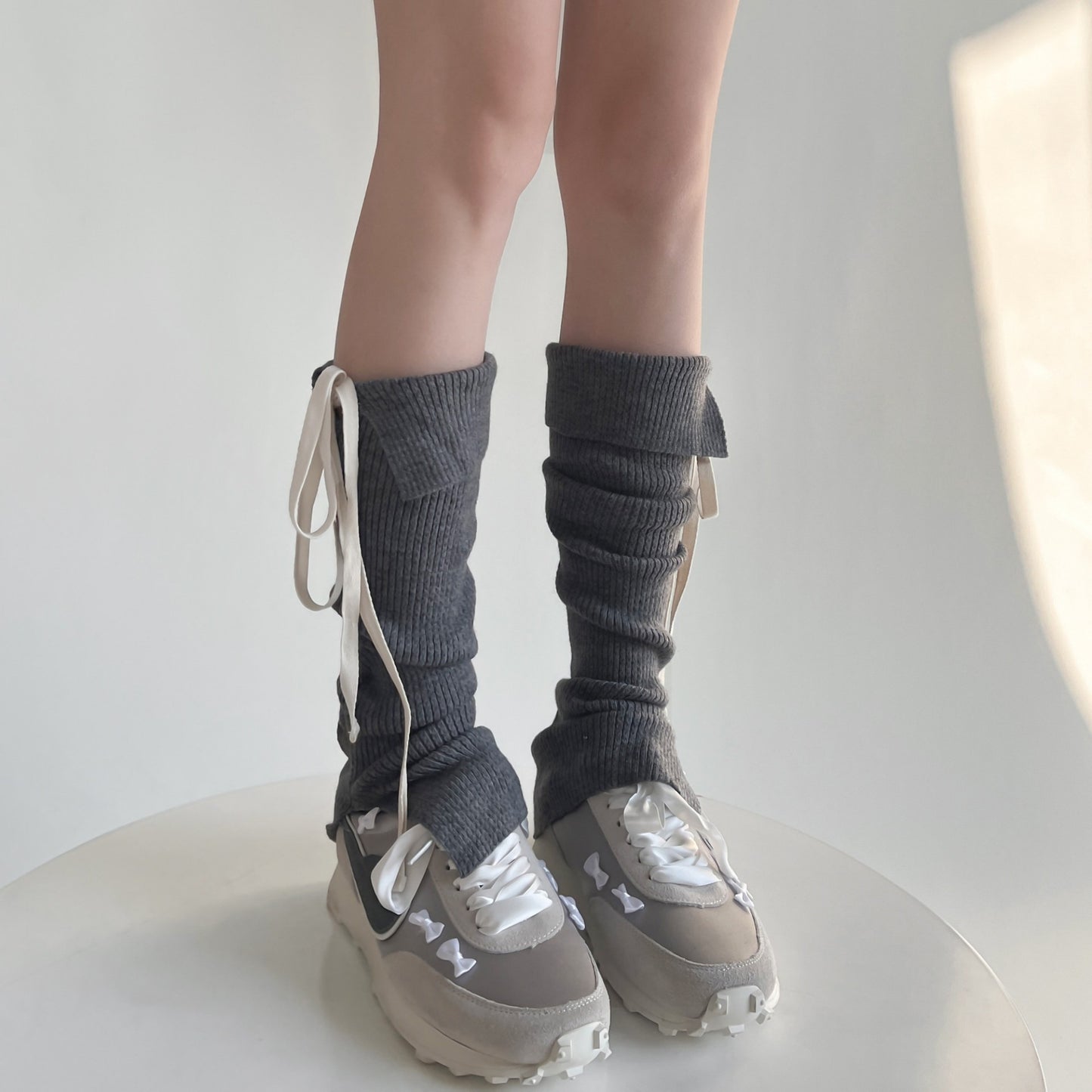 Knit Leg Warmers with Adjustable Ribbon Tie Detail Soft Stretch Texture and Slouchy Layering Fit